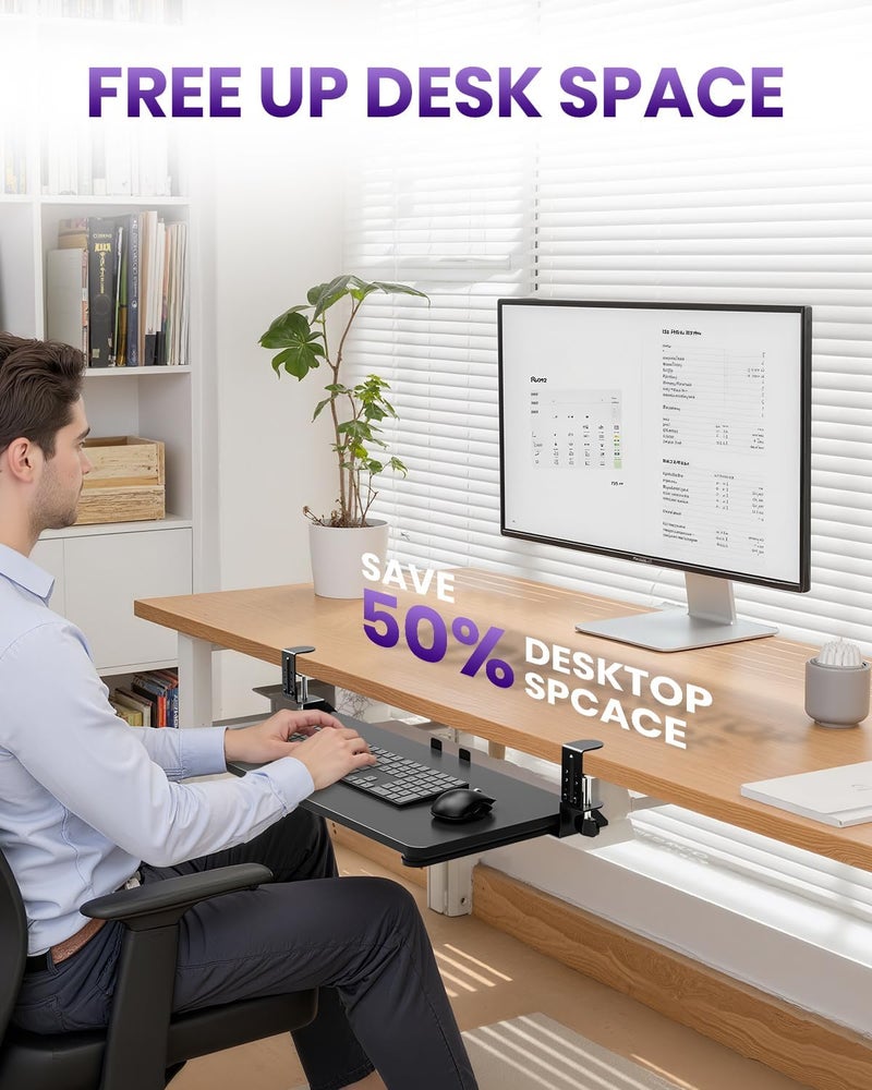 Zontera Store Ergonomic Mouse & Keyboard Tray Under Desk, Pull Out with Adjustable C-clamp, 20 (25.9 Including Clamps) x 11.8 Inch Slide Out Computer Keyboard Drawer Mouse Tray for Typing, Black - Image 4